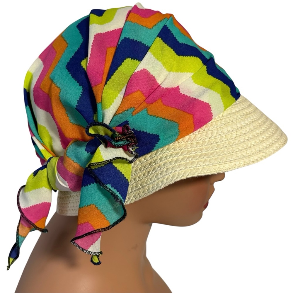 Women's Floppy Straw Sun Hat Rainbow Chevon Scarf Old Money Beach Coastal artsy